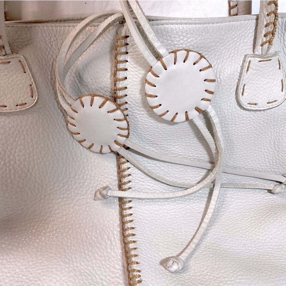Carlos Falchi Fatto a Mano Large Bone White Leather Whipstitch Tote Shoulder Bag - Picture 6 of 15
